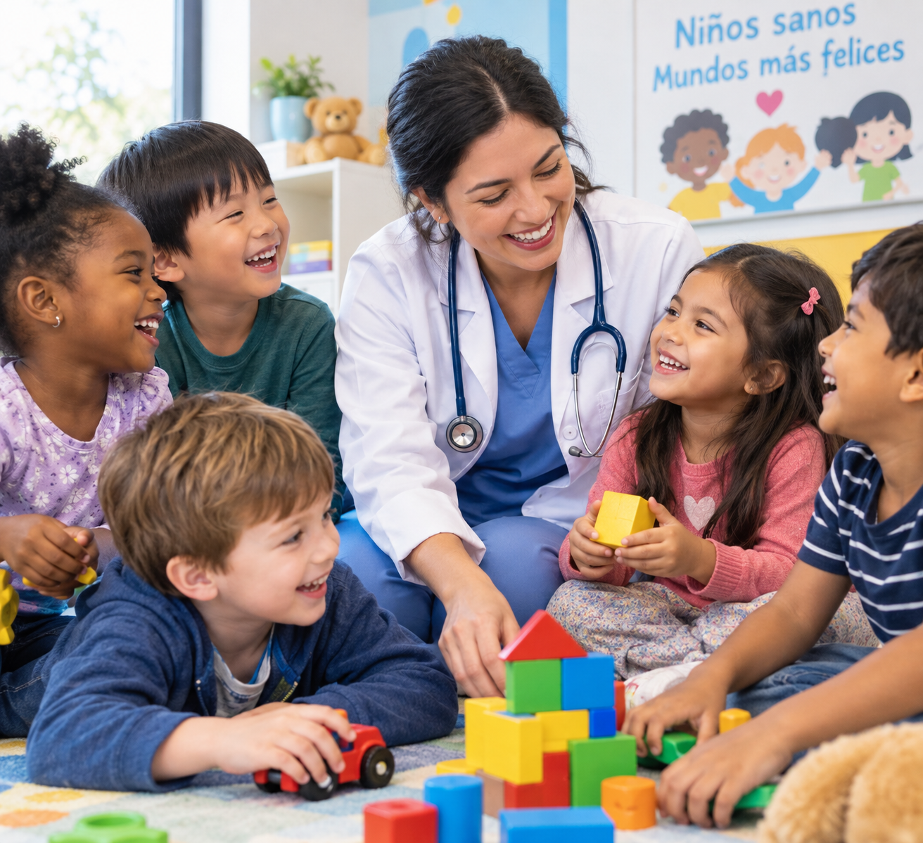Médica de FUNSALUD jugando con un grupo de niños y niñas en una sala pediátrica